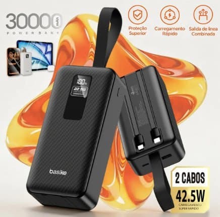 Basike Power Bank 30000mAh Com Carga rápida Turbo 42.5w Cabo e Digital para Celular Universal