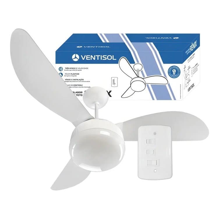 Ventilador De Teto Ventisol Fênix E-27 Branco 130w Com 3 Pás De Plástico, 960 mm De Diâmetro 127v