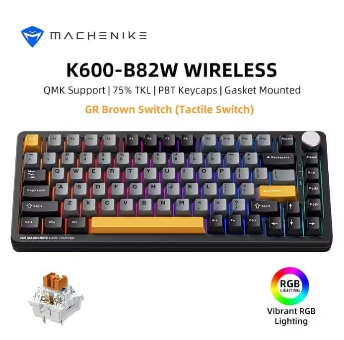 Teclado Mecanico Sem Fio Machenike K600-B82w, Rgb, Teclas Pbt, Tri-mode
