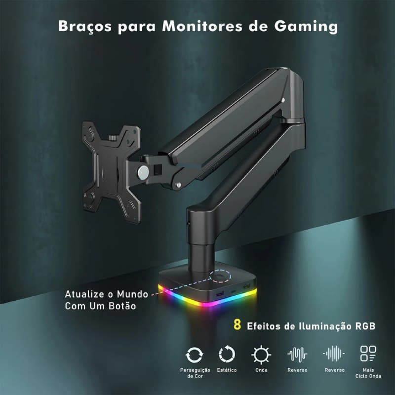 Braço Articulado Monitor RGB - 8 efeitos de iluminação 17" - 34" Polegadas - Com hub integrado.