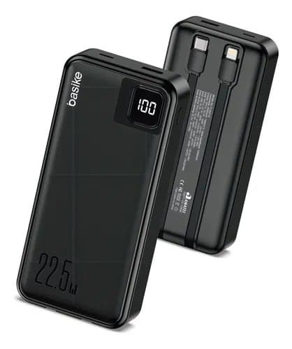 Power Bank Basike 20000mAh Preto, Carga Rápida 22.5W para iPhone e Samsung, Com Cabos Embutidos e Display
