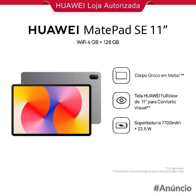 HUAWEI MatePad SE 11" 128/4 | Tablet | Design Corpo Único Metal | 7700 mAh + Superbateria de 22,5 W