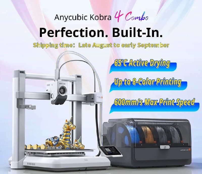 Impressora 3D ANYCUBIC Kobra 4 Combo com velocidade de impressão de 600 mm/s, suporte para até 8 cores, secagem de filamento ACE 2 Pro e controle por aplicativo.