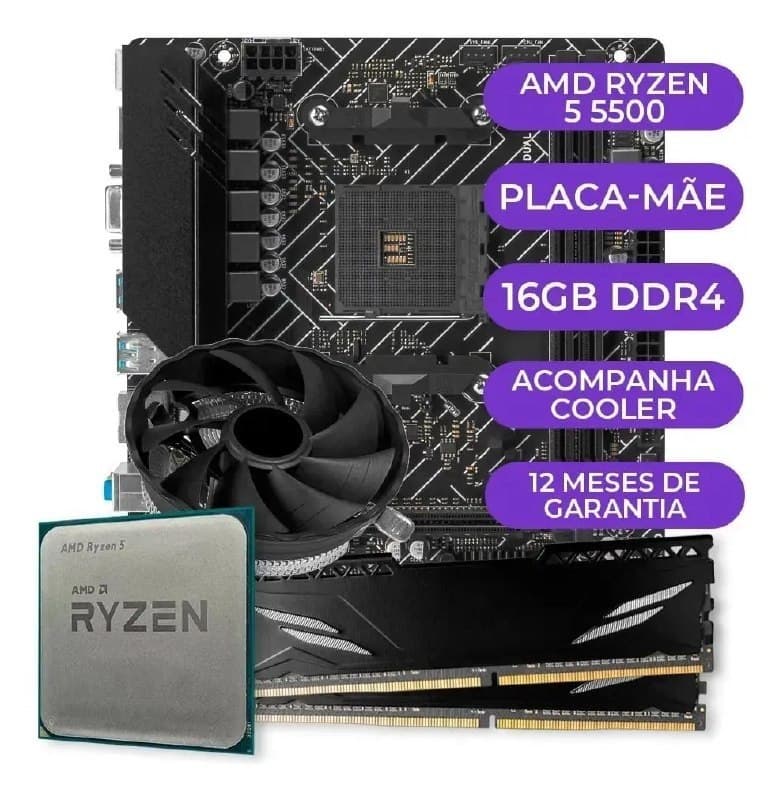 Kit Upgrade Gamer Amd Ryzen 5 5500 + A520m + 16GB Ddr4 Cor Preto