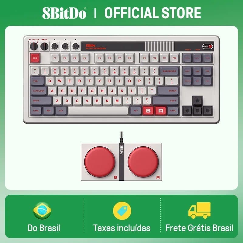 Teclado Mecânico Retrô 8BitDo, Teclado Gamer Hot Swappable BT/2.4G/USB-C com 87 Teclas, Botões Super Programáveis Duplos, Retro