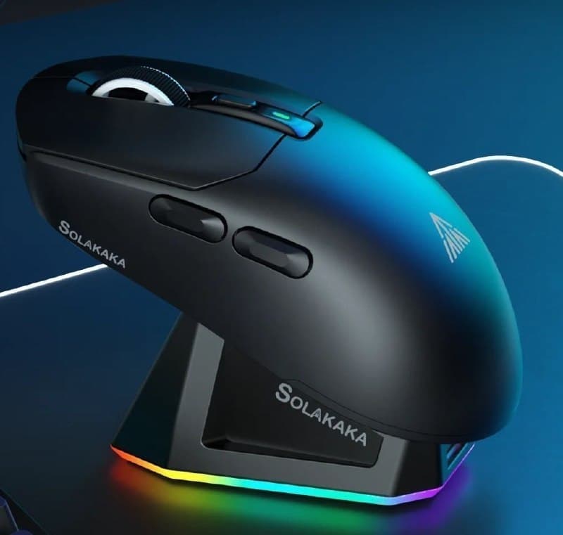 Mouse Gamer Solakaka SM822 Tri-Mode 2.4GHz/Bluetooth/Com Fio PAW3311 24000DPI com Função Macro e Base de Carregamento