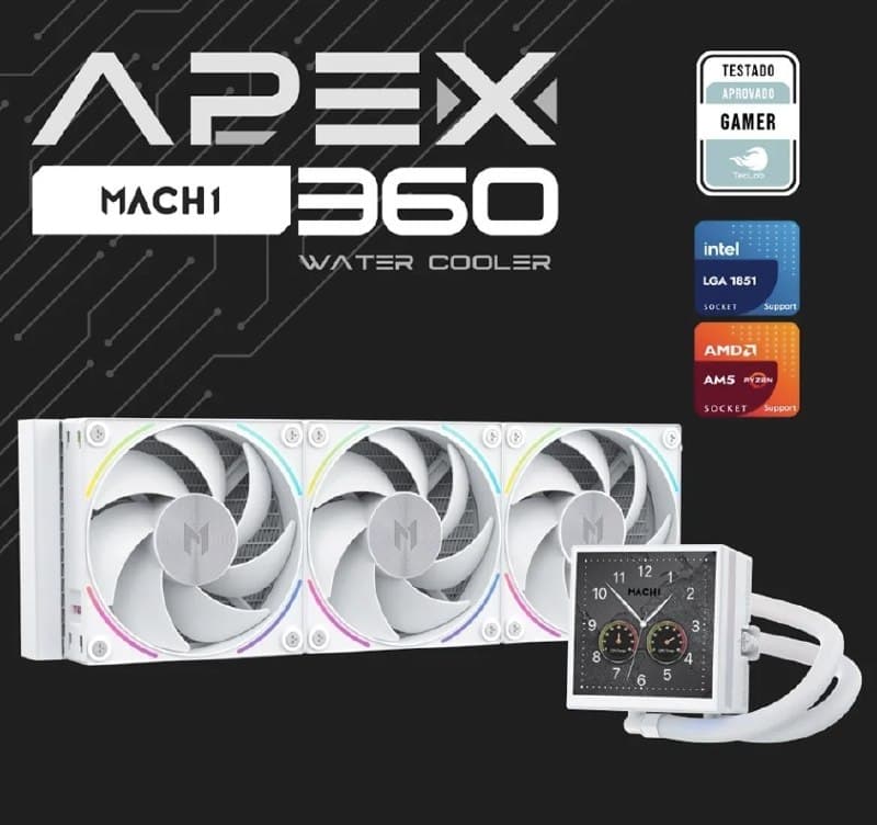 Water Cooler MACH1 APEX, ARGB, 360mm, com Tela LCD, AMD e Intel, Branco - AV360WH