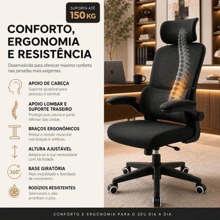 Cadeira Ergonômica Executiva Mesh Premium Presidente 150Kg NR17 Pistão Classe 4 Apoio Lombar MAAT